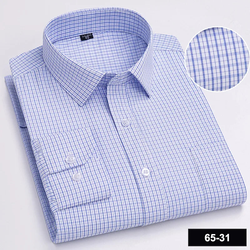 Men's Printed Plaid & Stripe Long Sleeve Casual Shirt — Single Pocket Business Formal Four Seasons