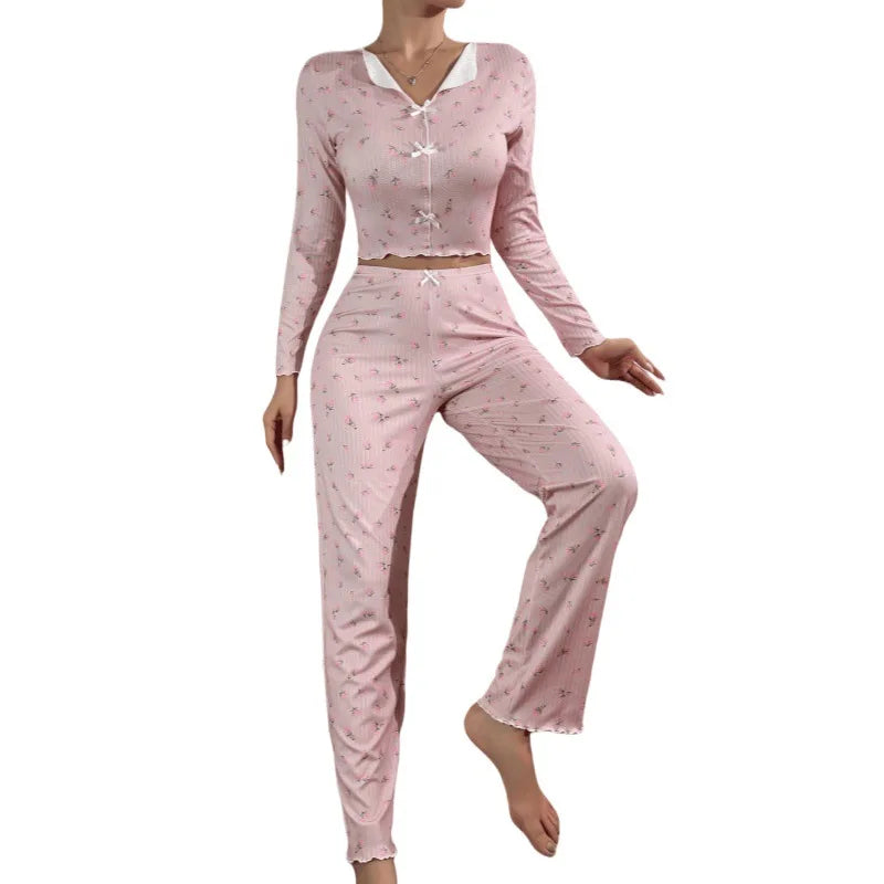 Autumn Winter Floral Print Pajamas Set for Women Sleepwear Long Sleeve Top and Long Pants 2 Piece Casual Homewear Loungewear