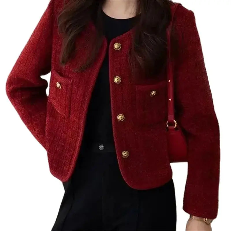 Women's Jacket 2024 Spring Autumn New Red Tweed Small Fragrance Coat Short Blazers Korean Fashion Elegant Female Tops Outerwear