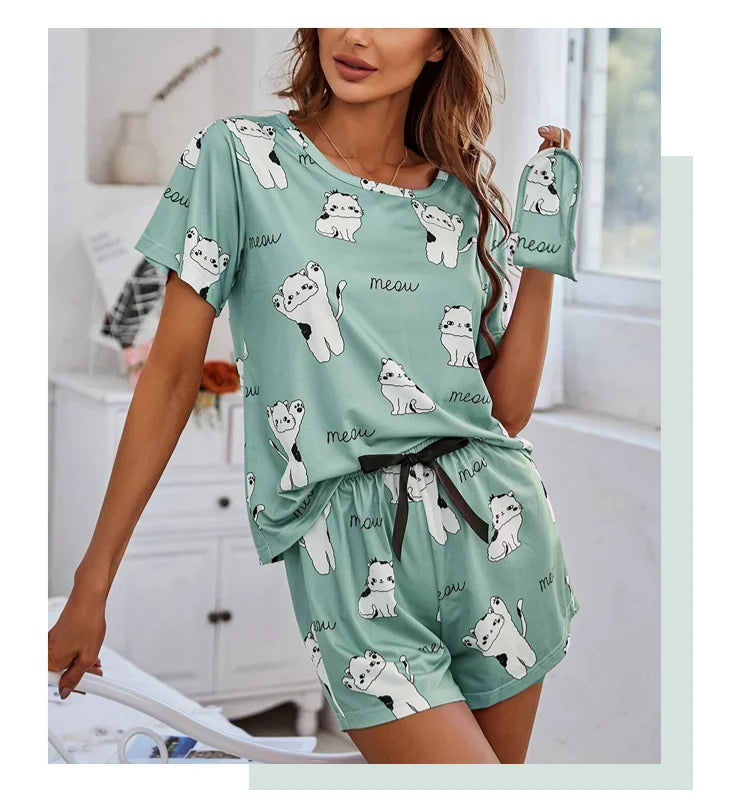 Women's Loungewear Casual Cute Print Nightwear Short Sleeve Crew Neck T-Shirt And Shorts Pajama Set Sleepwear Lounge Two Piece