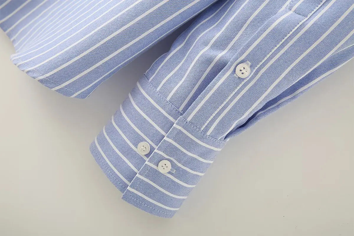 Blue Stripe Button-Down Shirt Women Oversized Fit Long Sleeve Spring Summer Elegant Office Casual Daily Wear Lightweight Top