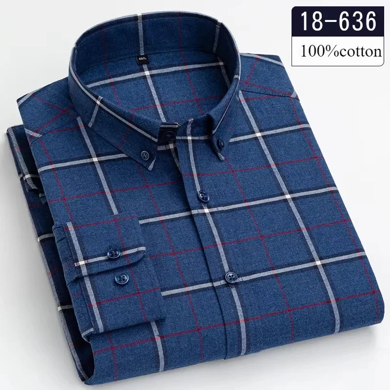Men's 100% Cotton Brushed Slim Fit Long Sleeve Shirt — Plaid & Striped Casual Autumn