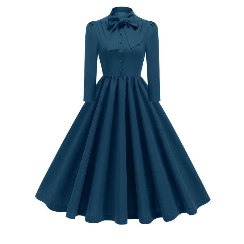 2024 New Fashion Robe Vintage Summer Dresses Elegant Women Swing Short Sleeve Bow Tie Collar Rockabilly Party Prom Office Dress