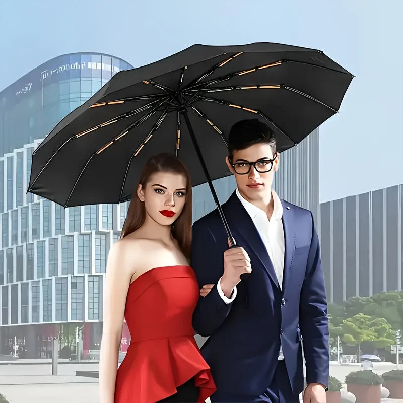 A fully automatic foldable umbrella with 12 ribs and reinforced structure for both rainy and sunny days, featuring UV protection