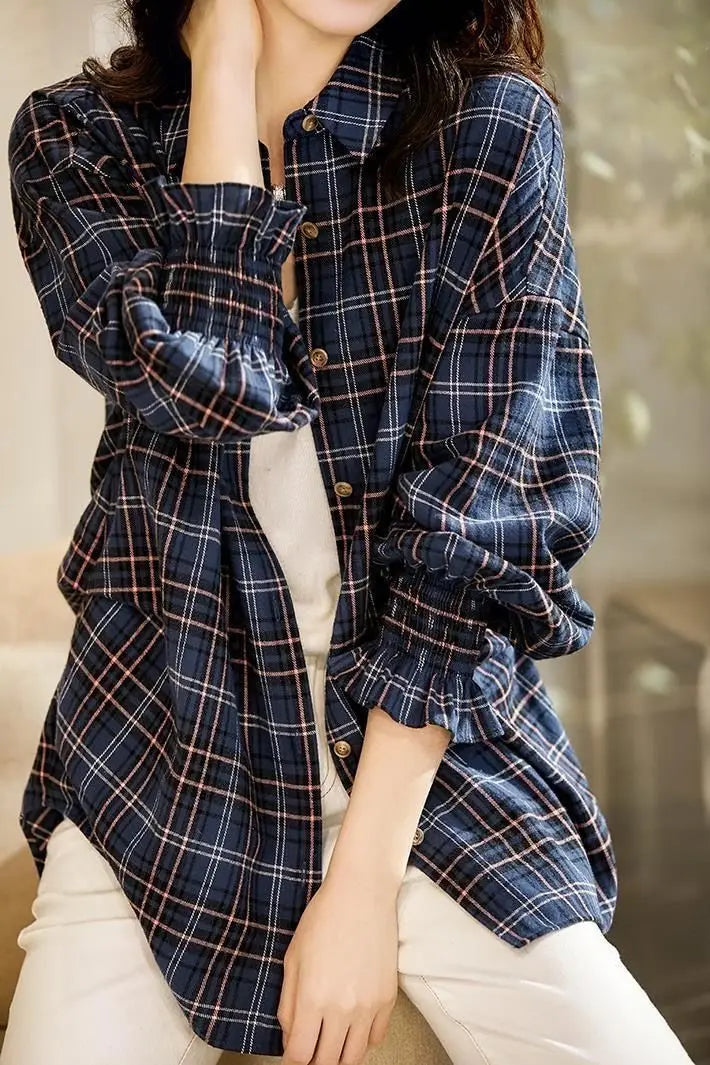 Long Plaid Button Down Shirt For Women Casual Office Wear Loose Fit Turn Down Collar Full Sleeve Spring Autumn Style