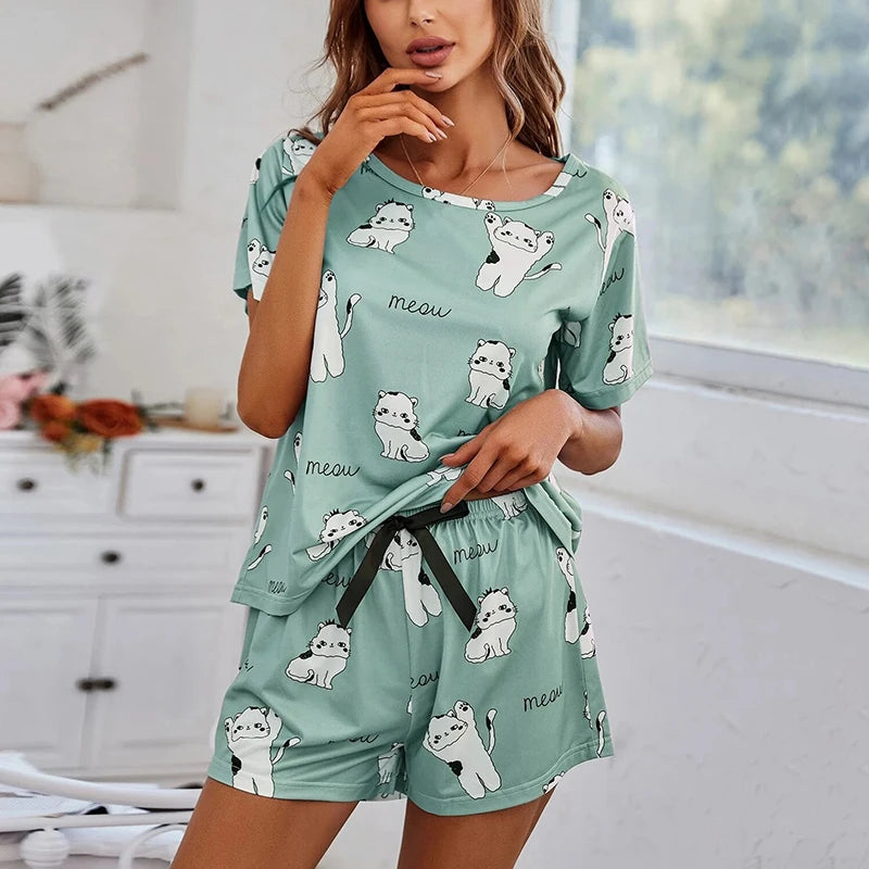Women's Loungewear Casual Cute Print Nightwear Short Sleeve Crew Neck T-Shirt And Shorts Pajama Set Sleepwear Lounge Two Piece