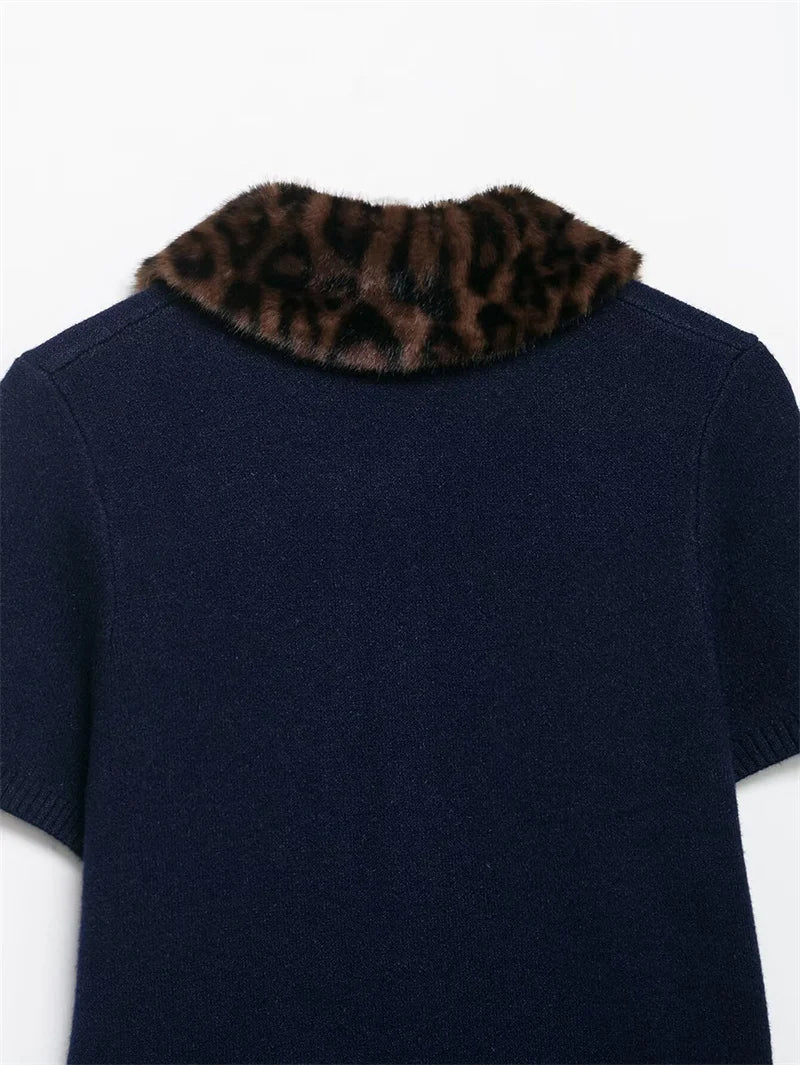 Women's Jacket 2025 New Autumn Fashion Darkblue Detachable Animal Print Neckline Knitted Jacket for Women Casual Chic Ladies Top