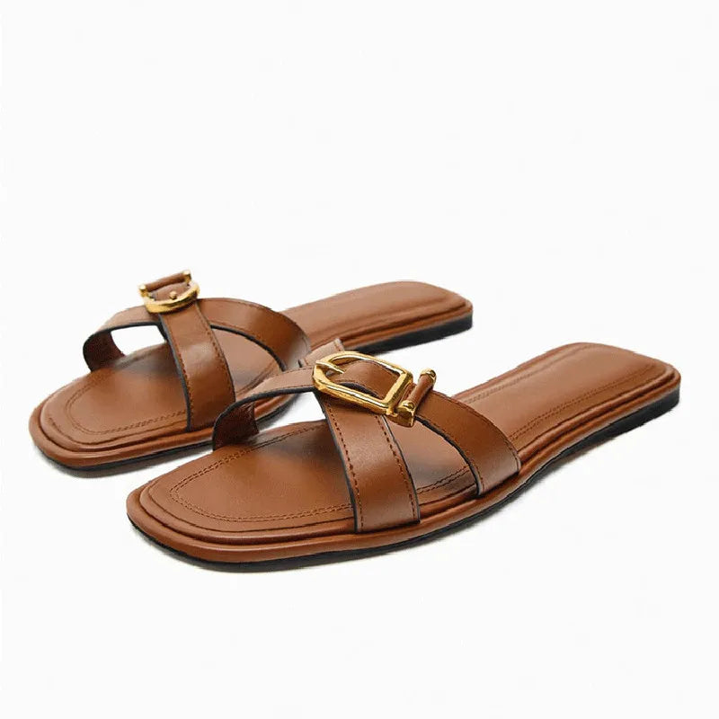 Flat Sandals Woman Black Brown Metal Buckle Flat Sandals 2024 Summer Women Sandals Straps Round toe Flat Slingback Shoes