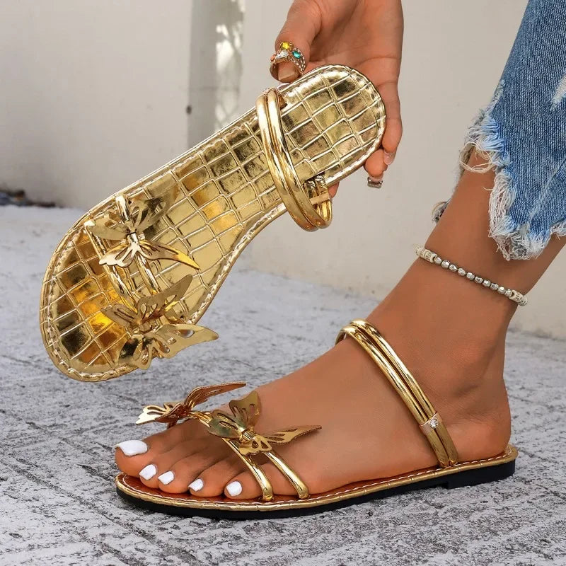 Women's Sandals Summer Comfortable Casual Shoes Flat Slippers Women's Shoes Beach Butterfly Gold Footwear