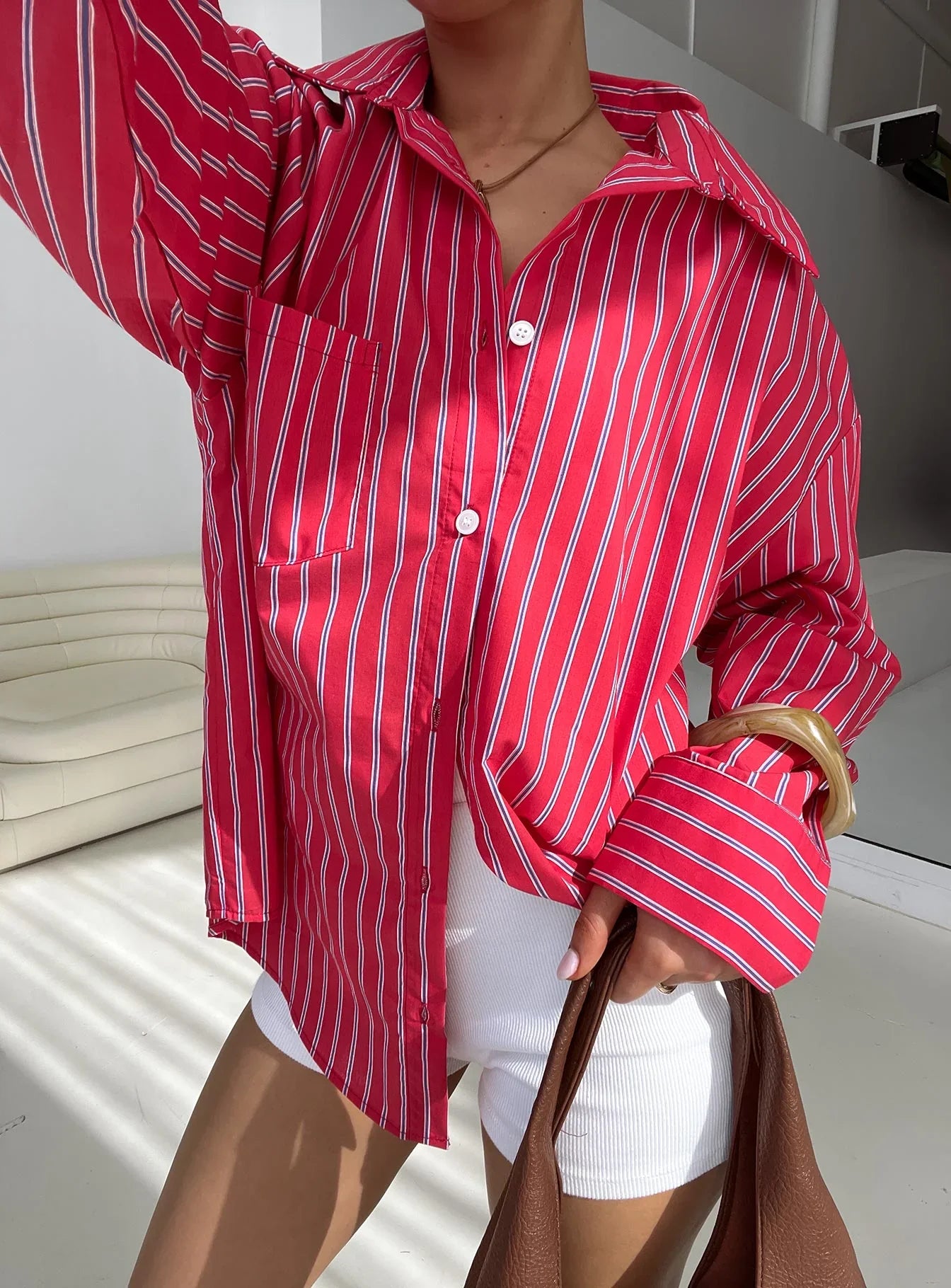Women Spring Button Down Shirt Blue Pinstripe Loose Fit Long Sleeve Button Up Shirt Wide Collar Casual Tops Lightweight Shirts