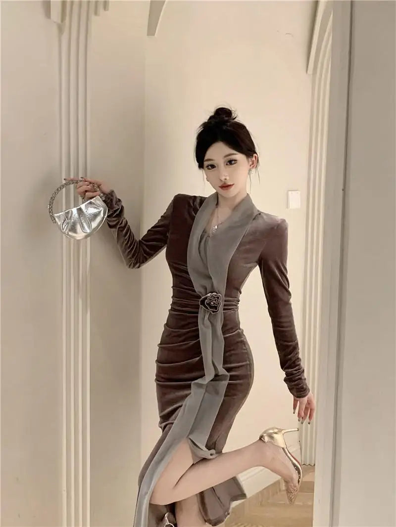 Women Vintage Velvet 3D Flower Ruched Sexy Split Elegant Party Dresses Y2K Winter V Neck Long Sleeve Bodycon Midi Dress Vestidos