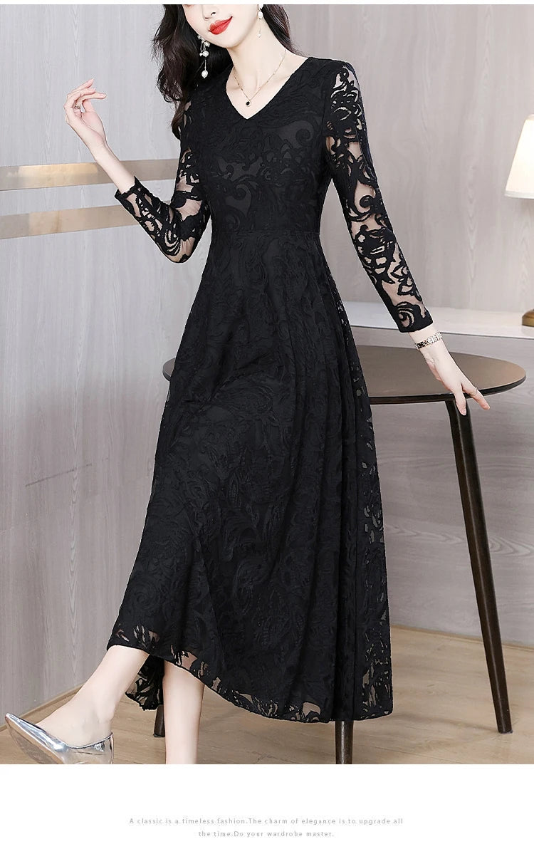 Women Vintage V-neck Lace Hollow Out Sexy Dress 2025 Elegant Bodycon Party Vestidos Spring Autumn Black Long Sleeve Midi Dresses