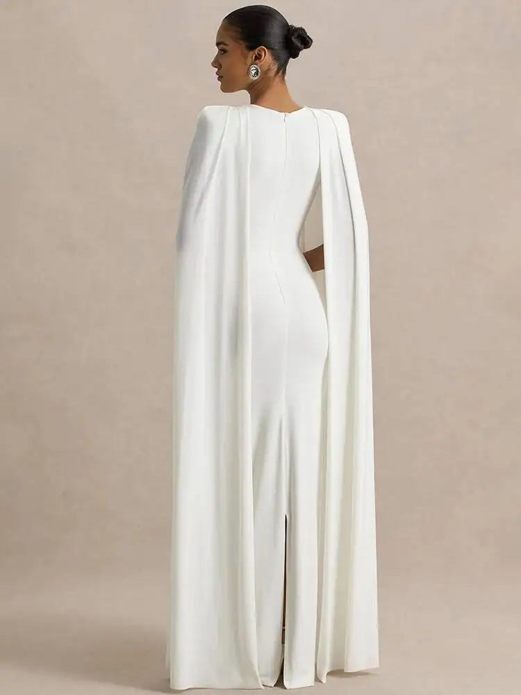 Blifanbo Sexy Cape Sleeve Maxi Dress Women Gown Fashion O Neck High Waist Split Zipper Club Party Long Dresses Female Elegant