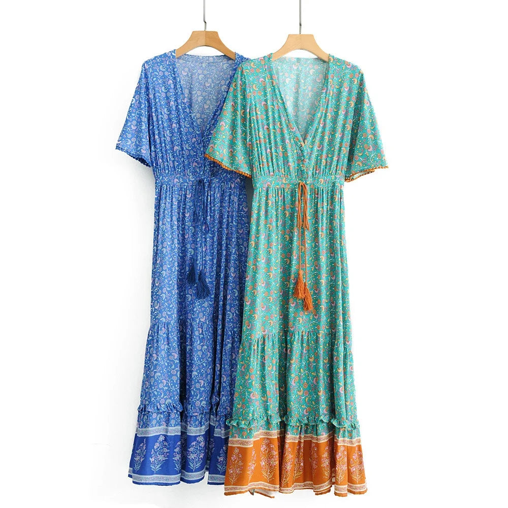 Maxi Dresses for women Cotton Rayon blue Floral print sexy deep v-ncek boho summer dresses loose Hippie long dress Vestidos