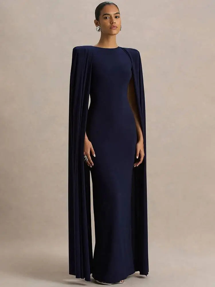 Blifanbo Sexy Cape Sleeve Maxi Dress Women Gown Fashion O Neck High Waist Split Zipper Club Party Long Dresses Female Elegant