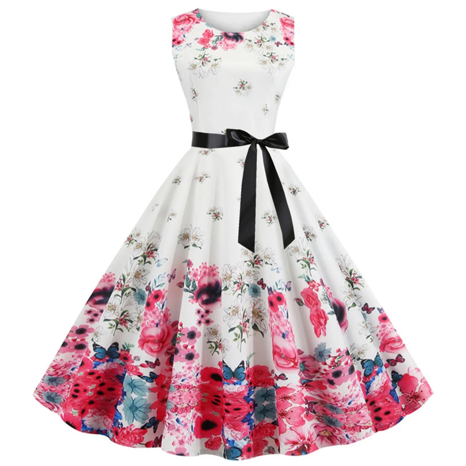 Women's Vintage Cocktail Long Dresses Retro Floral Print Sleeveless Swing Party Dresses For Women Tea Party Dresses For Women