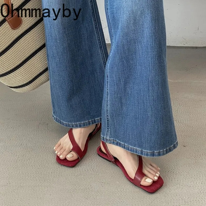 Women Flat Sandals Casual Soft Leather Suede Square Clip Toe Summer Shoes for Women Beach Party Daily Wear Sandalias Mujer