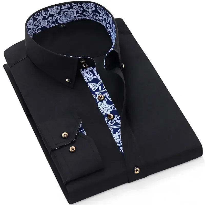 Men's Slim Fit Cotton Long Sleeve Dress Shirt — Smart Casual Business Black Blue White