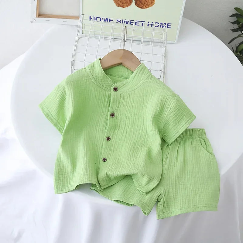 Baby Toddler 2Pcs Cotton Gauze Pajamas Set Short Sleeve Round Neck Sleepwear Soft Breathable Boys Girls 0-5Y Beach Clothes