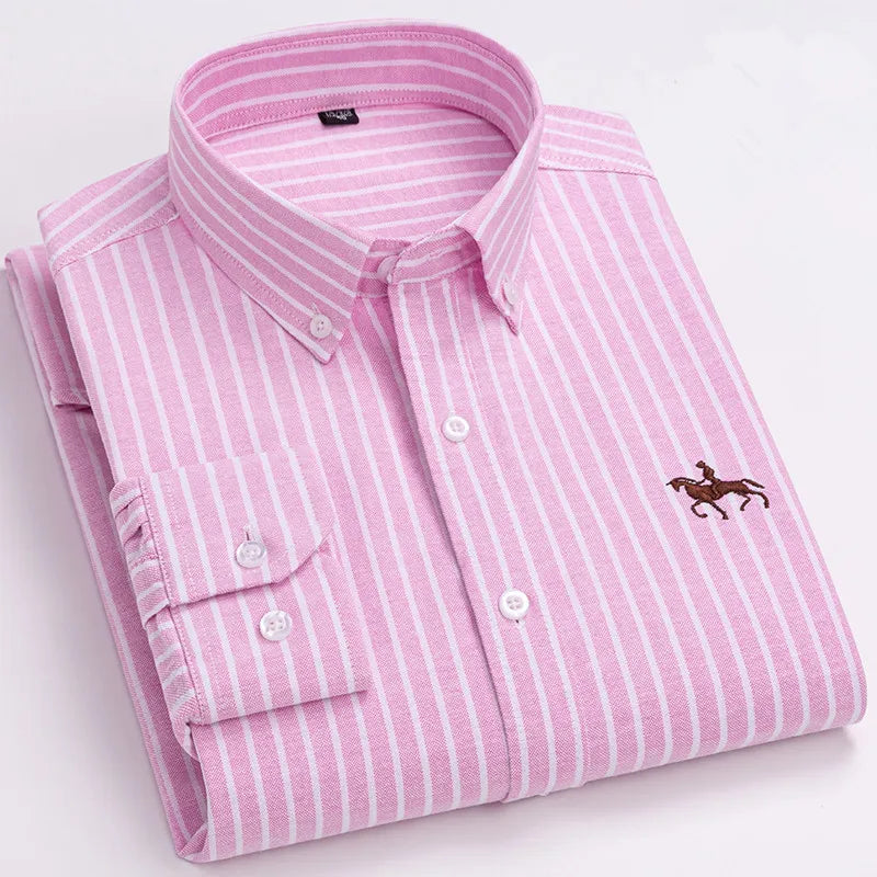 Men's 100% Cotton Oxford Washed Long Sleeve Dress Shirt — Embroidered Business Casual