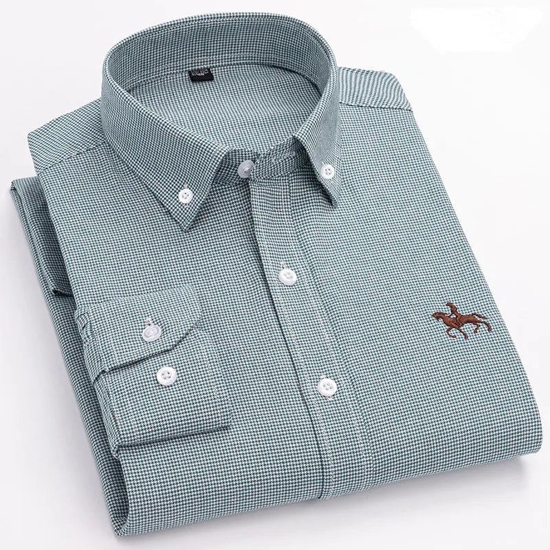 Men's 100% Cotton Oxford Washed Long Sleeve Dress Shirt — Embroidered Business Casual