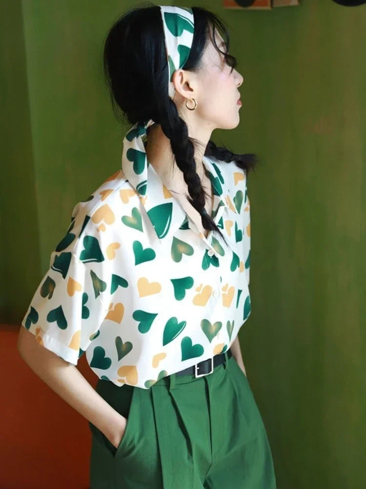 Woman Top Love Shirts & Blouses for Women Green New Collection 2025 Elegant and Youthful S Y2k Fashion Clothing Sales Cool Cute