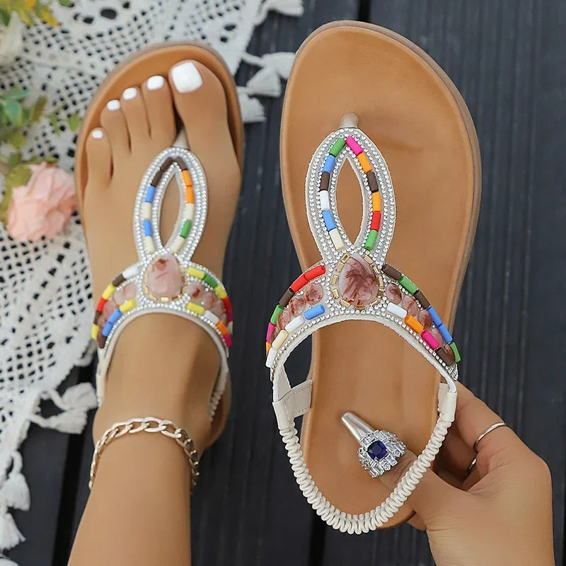 Summer Bohemian Flat Sandals for Women 2025 Coloful Beaded Clip Toe Roman Sandalias Mujer Comfortable Non Slip Beach Shoes Woman