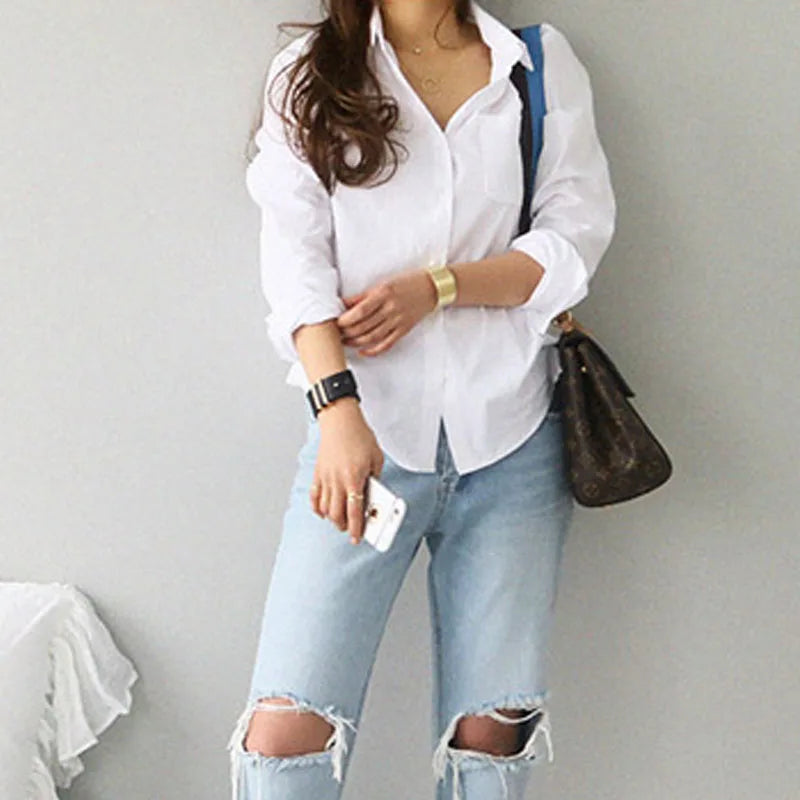 Women Office Lady Elegant Shirts Fashion Long Sleeve Casual White Blouses Turn-down Collar Ol Style Loose Top