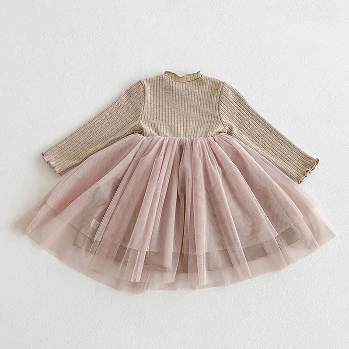 2025 New Spring Sister Dress 2-6Yrs Girl Party Dress Long Sleeved Cotton Mesh Splicing Kids Princess Dresses Children Clothes