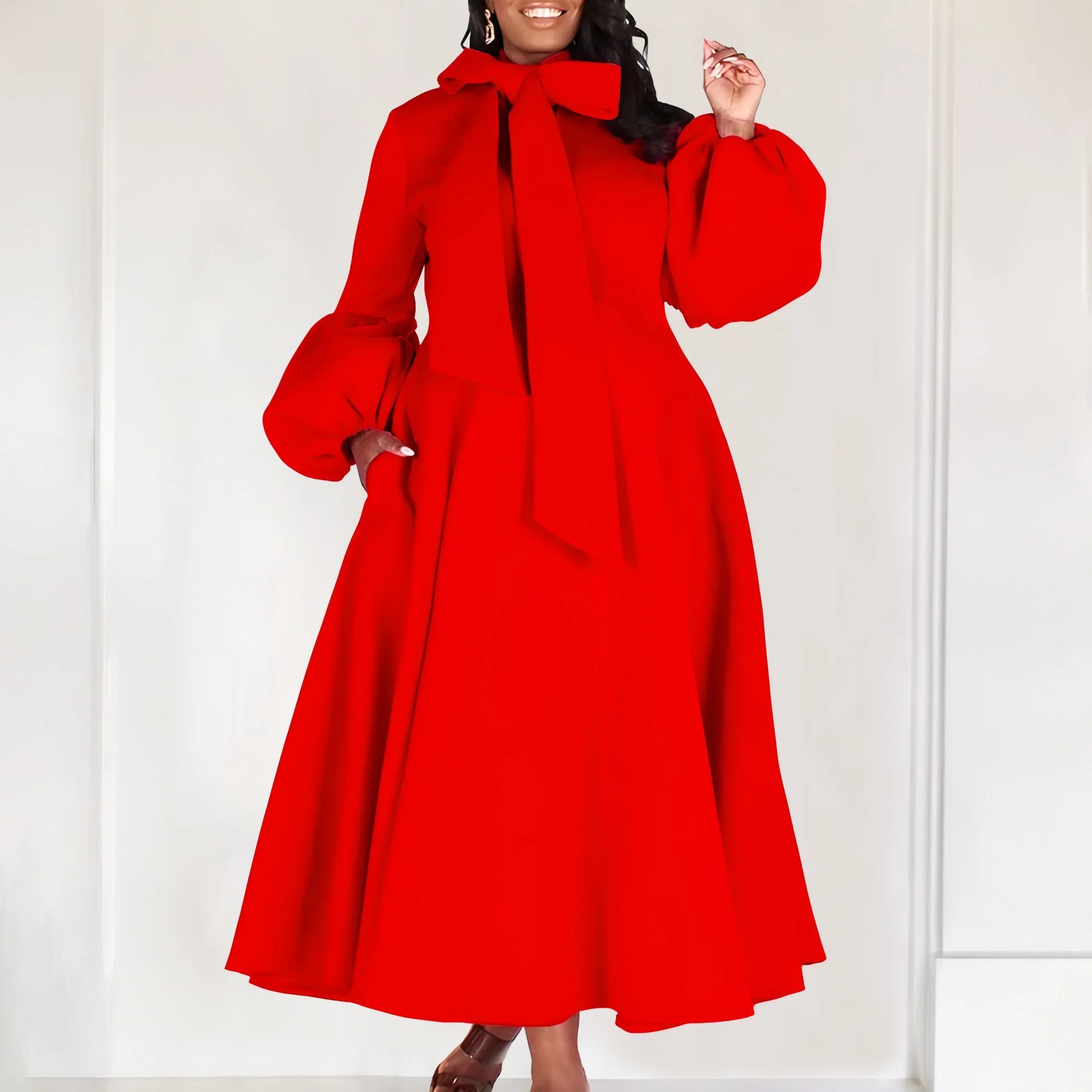 Elegant Dresses for Women Bow Collar Full Sleeve High Waisted A Line Mid Calf Luxury Female Birthday Party Dinner Vestidos Mujer