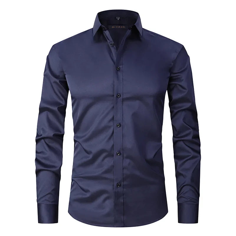 Men's Slim Fit Stretch Long Sleeve Dress Shirt — Square Collar Elegant Business Social