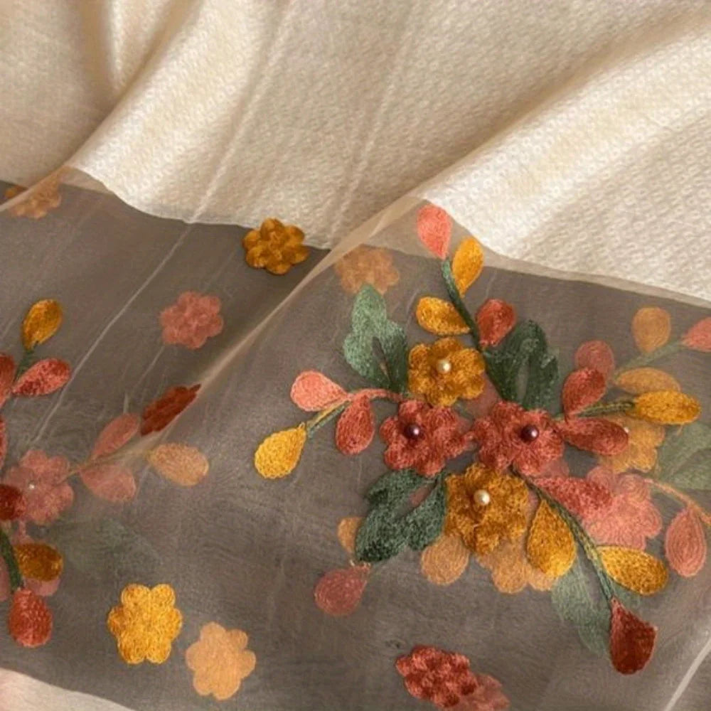 Elegant floral embroidered silk scarf for women, stylish sunscreen beach shawl with beaded trim, bohemian windproof must-have