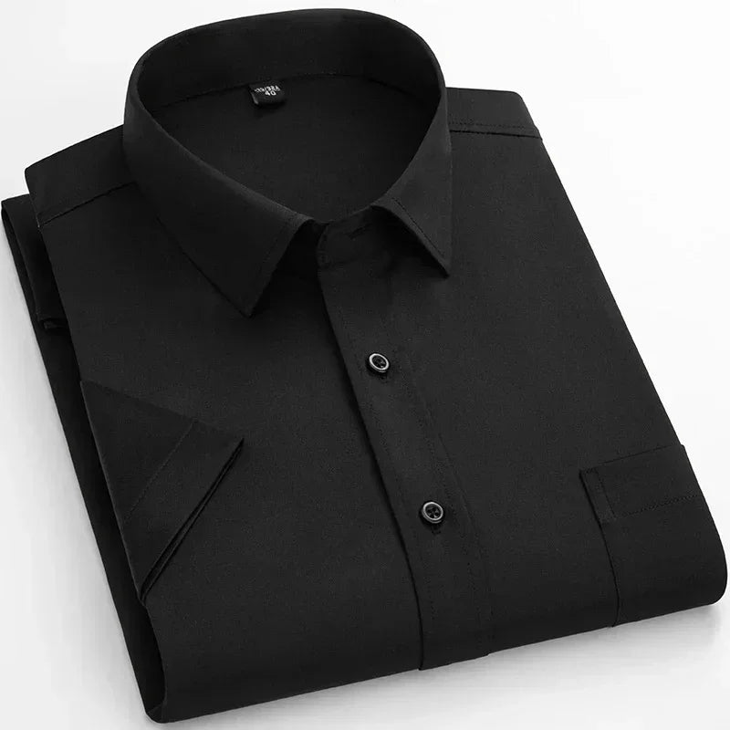 Lynett Lamar Men's Stretch No-Iron Short Sleeve Dress Shirt — Square Collar Formal Workwear