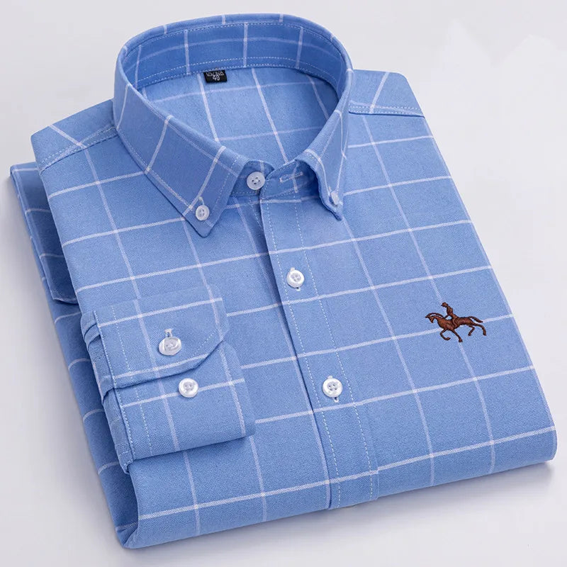 Men's 100% Cotton Oxford Washed Long Sleeve Dress Shirt — Embroidered Business Casual