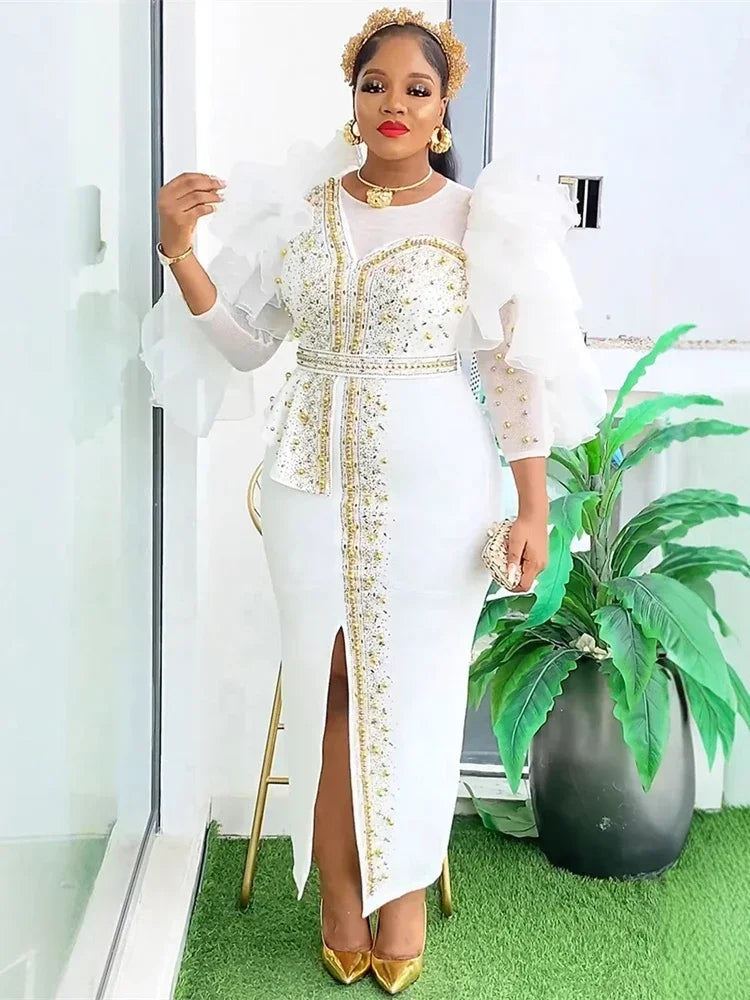 Customized Luxury Vintage Dresses For Women Wedding Party Prom Evening Gown Long Sleeve Dress Dashiki Beaded Robe Turkey African