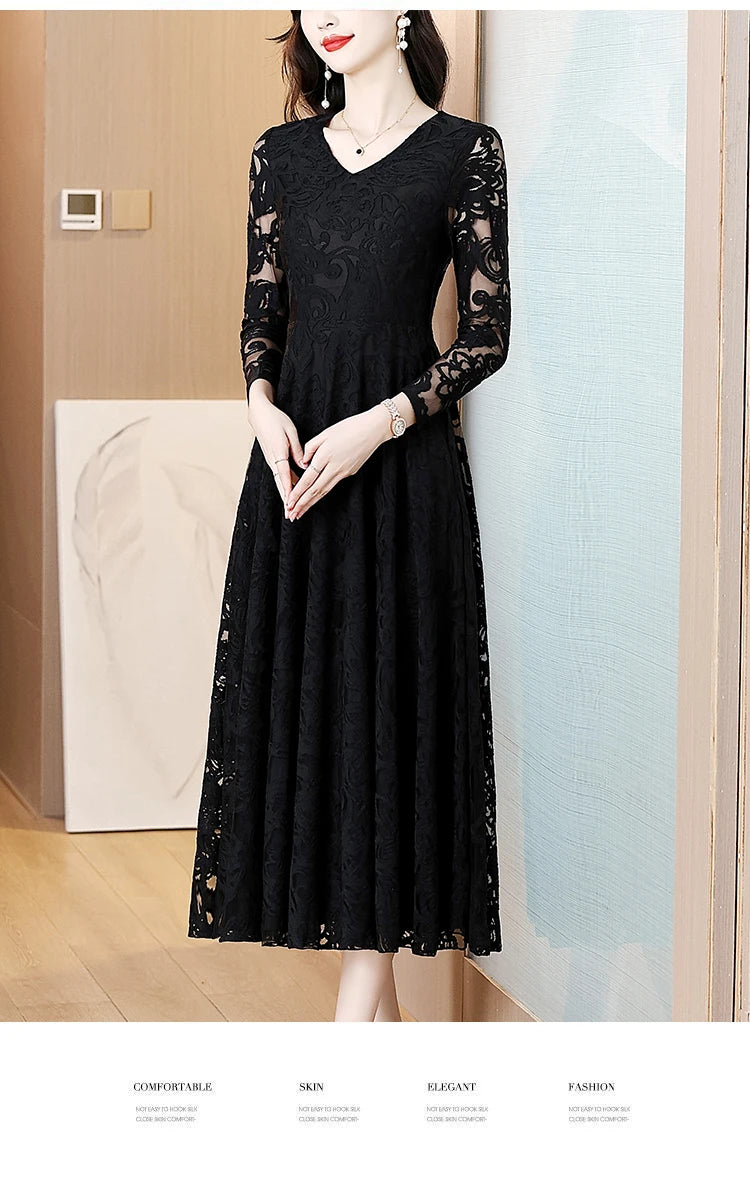 Women Vintage V-neck Lace Hollow Out Sexy Dress 2025 Elegant Bodycon Party Vestidos Spring Autumn Black Long Sleeve Midi Dresses
