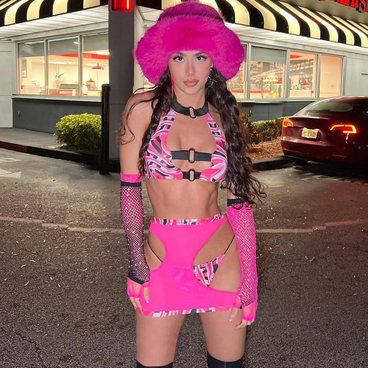 Spicy Girl Blocked Color Lingerie Set Women's Sexy Hollow Out Halter Neck Suit Backless Transparent Bra Short Skirt Three Pieces