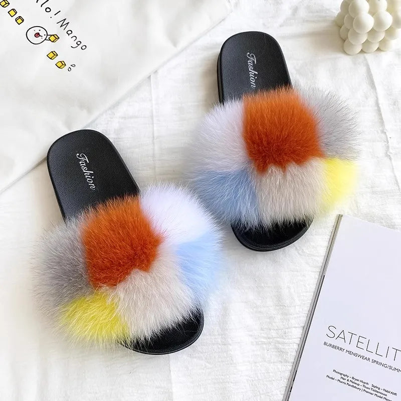 Fashion Lovely Real Fox Fur Slippers Women, Luxury Flat Sandals