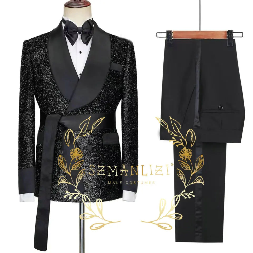 2026 Tailor-Made Shiny Black Groom Tuxedo Double Breasted Men Suit Prom Wedding Party Mens Suits Costume ( jacket+Pants+Belt)