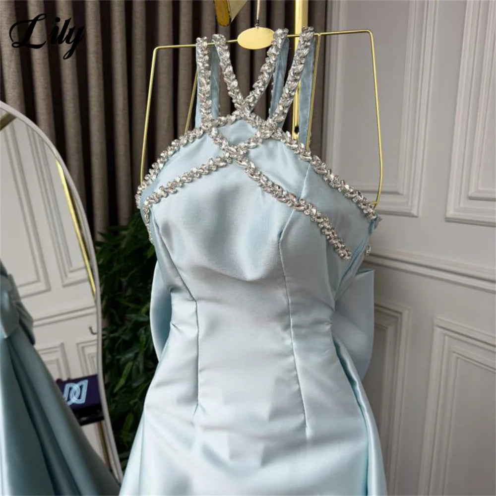 Lily Light Blue Prom Dress Shiny Beading Halter Party Dresses Stain  Sleeveless Celebrity Gowns with Detachable Tail Customized