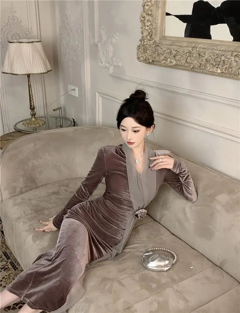 Women Vintage Velvet 3D Flower Ruched Sexy Split Elegant Party Dresses Y2K Winter V Neck Long Sleeve Bodycon Midi Dress Vestidos