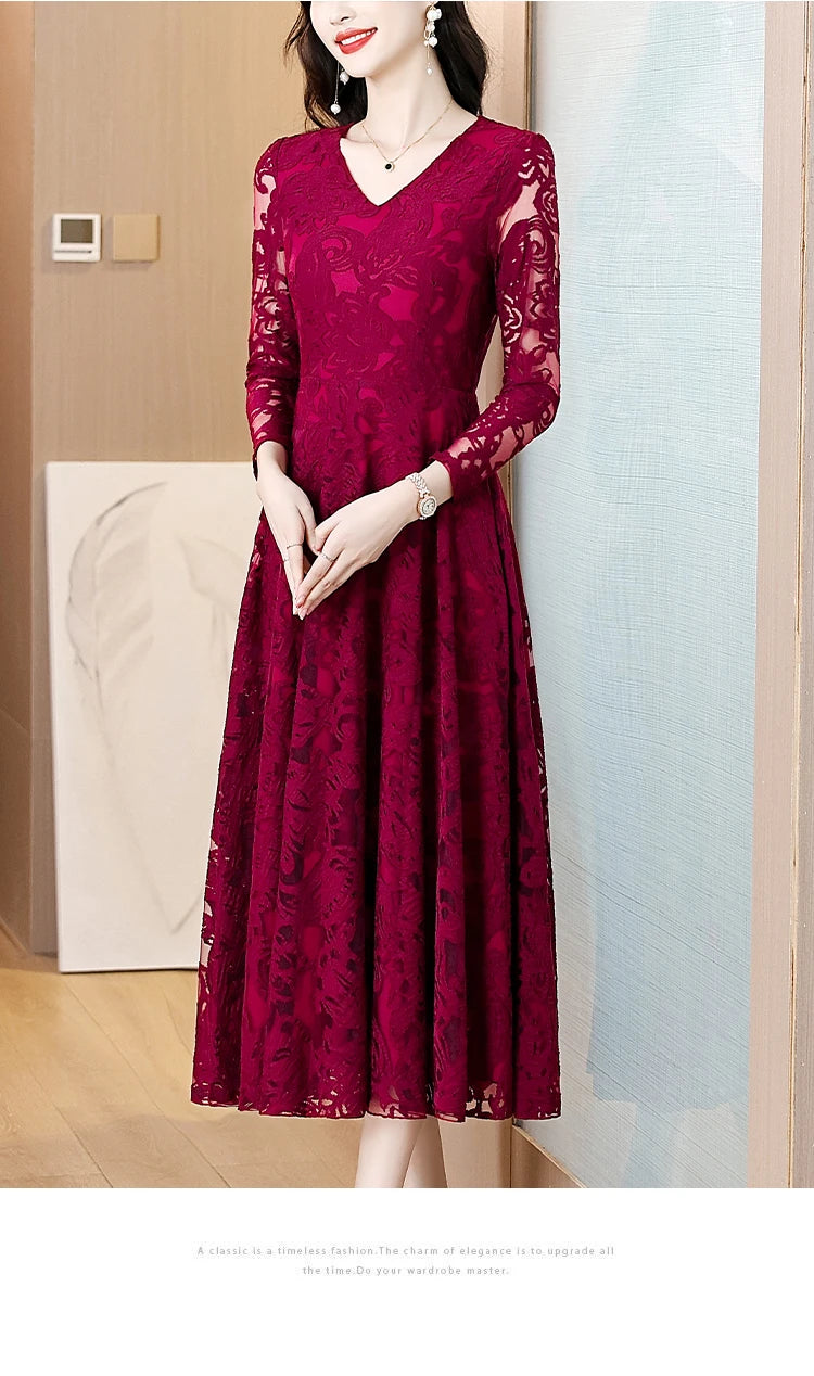 Women Vintage V-neck Lace Hollow Out Sexy Dress 2025 Elegant Bodycon Party Vestidos Spring Autumn Black Long Sleeve Midi Dresses