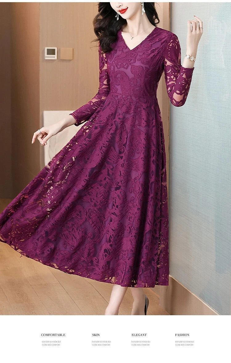 Women Vintage V-neck Lace Hollow Out Sexy Dress 2025 Elegant Bodycon Party Vestidos Spring Autumn Black Long Sleeve Midi Dresses