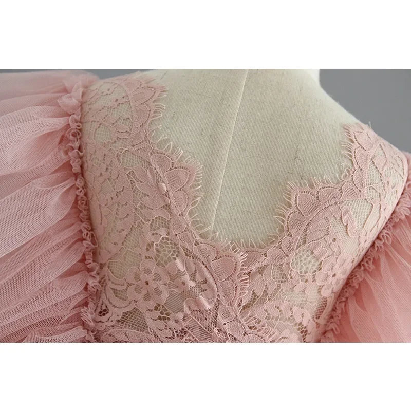 Backless Ruffles Lace Flare Sleeves Layered Princess Party Dresses
