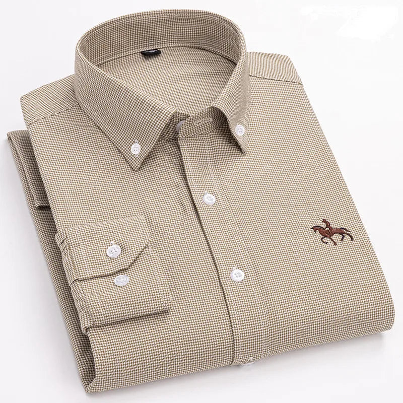 Men's 100% Cotton Oxford Washed Long Sleeve Dress Shirt — Embroidered Business Casual