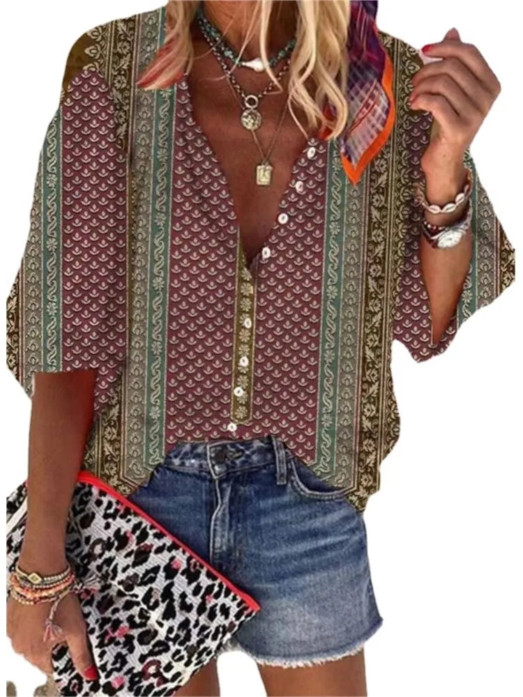 2024 New Women's Shirts & Blouses Fashion Vintage Printed Casual Vacation Bohemian Style Lady Single-breasted Shirt Streetwear