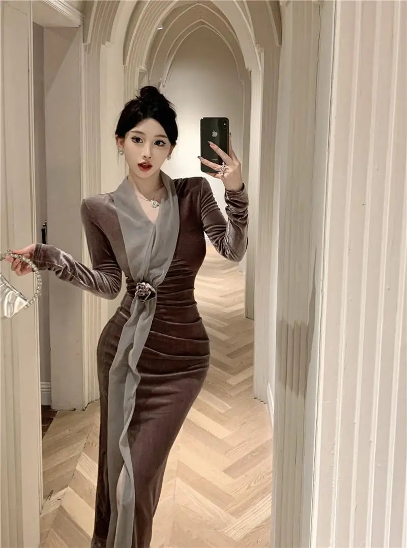 Women Vintage Velvet 3D Flower Ruched Sexy Split Elegant Party Dresses Y2K Winter V Neck Long Sleeve Bodycon Midi Dress Vestidos