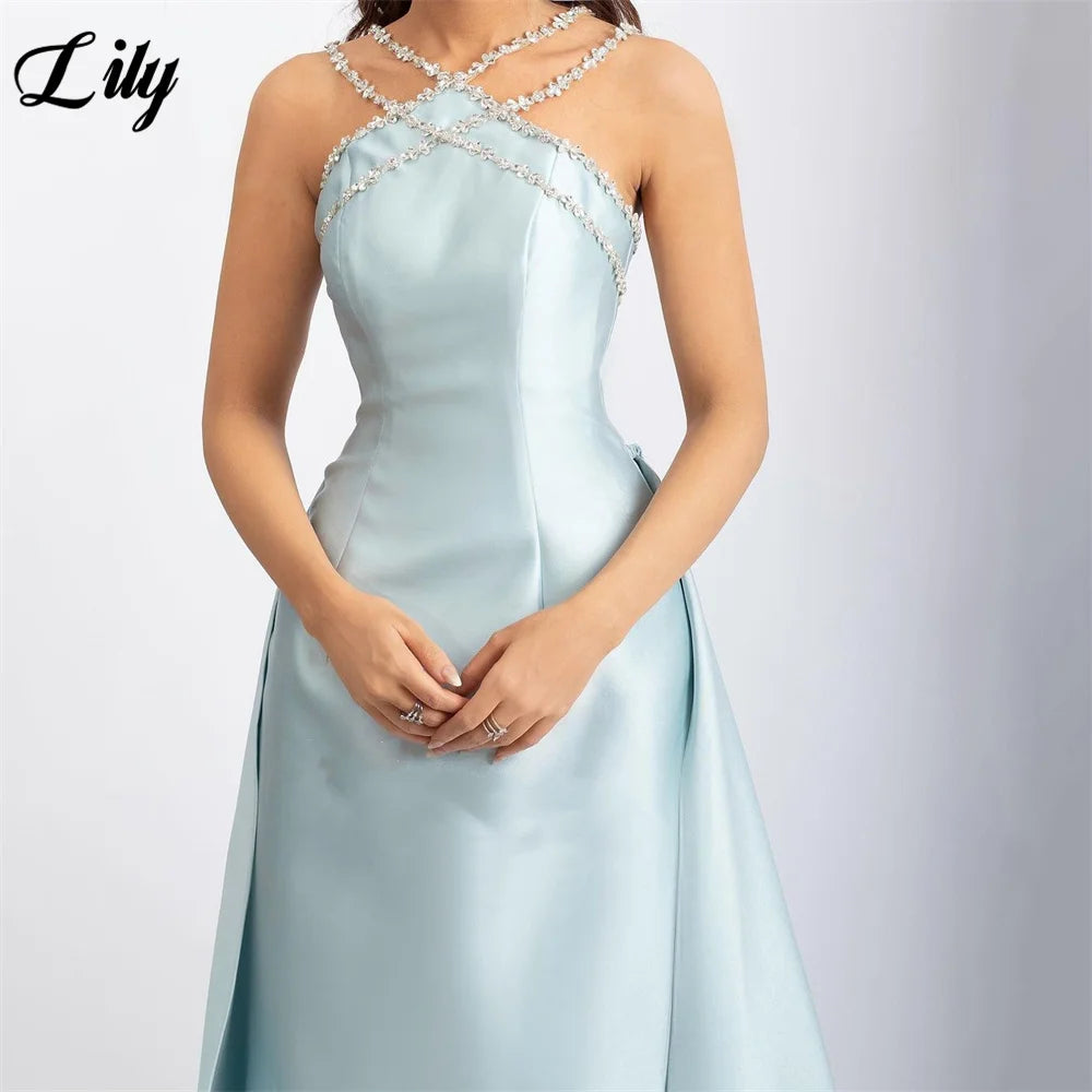 Lily Light Blue Prom Dress Shiny Beading Halter Party Dresses Stain  Sleeveless Celebrity Gowns with Detachable Tail Customized