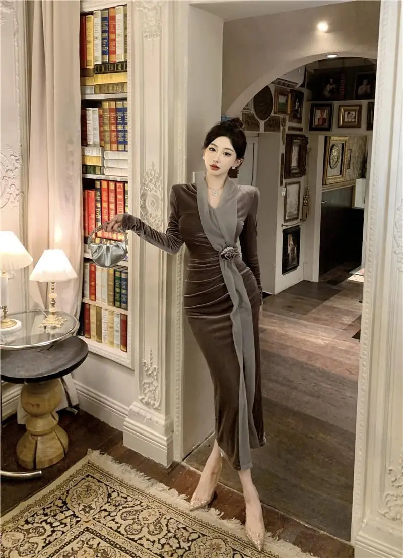 Women Vintage Velvet 3D Flower Ruched Sexy Split Elegant Party Dresses Y2K Winter V Neck Long Sleeve Bodycon Midi Dress Vestidos