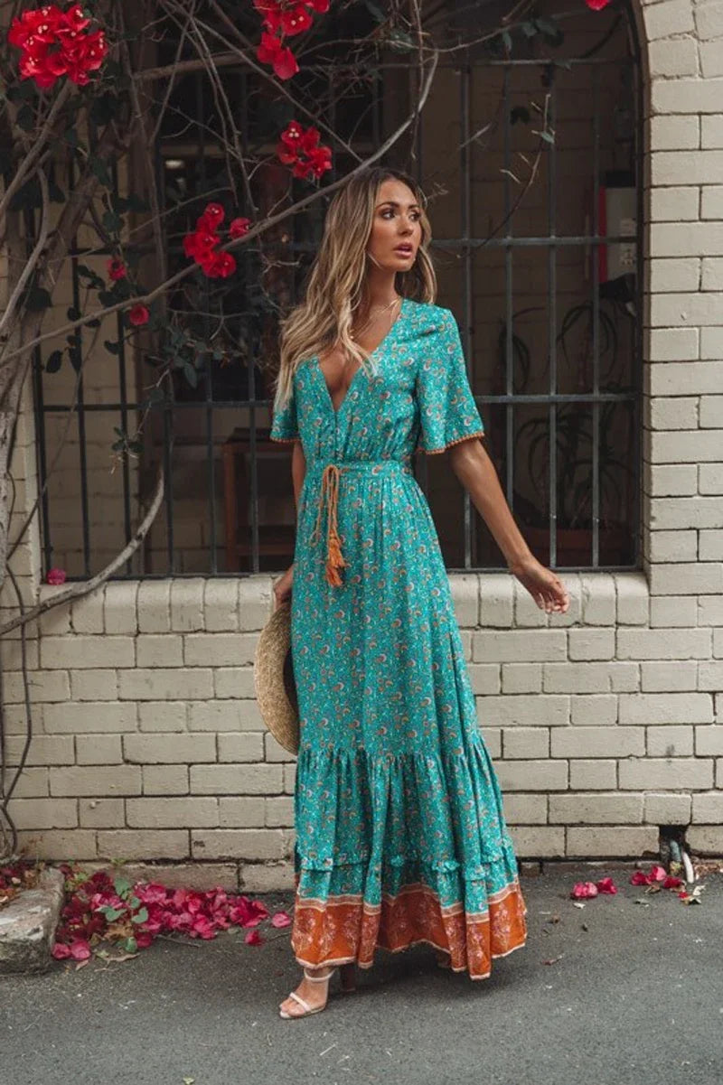 Maxi Dresses for women Cotton Rayon blue Floral print sexy deep v-ncek boho summer dresses loose Hippie long dress Vestidos